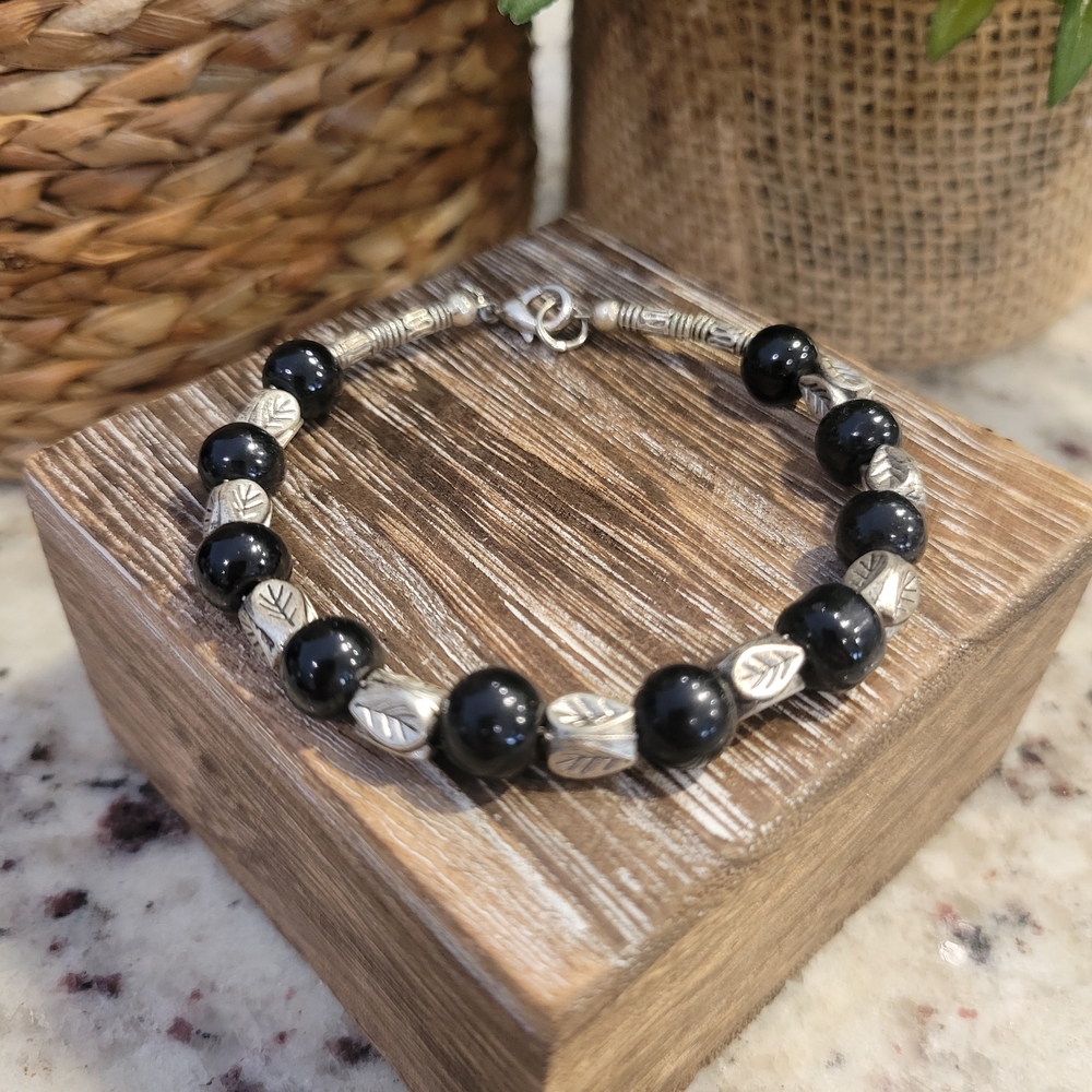 Silver and Black Beaded Bracelet